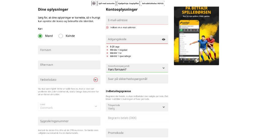 Betfair Casino oprettelse
