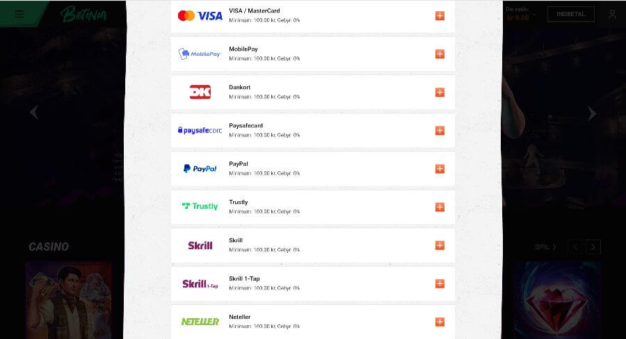 Betinia betalingsmetoder