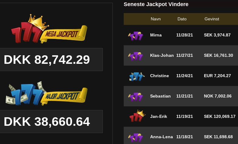 Se liste over seneste vindere på casinoet.