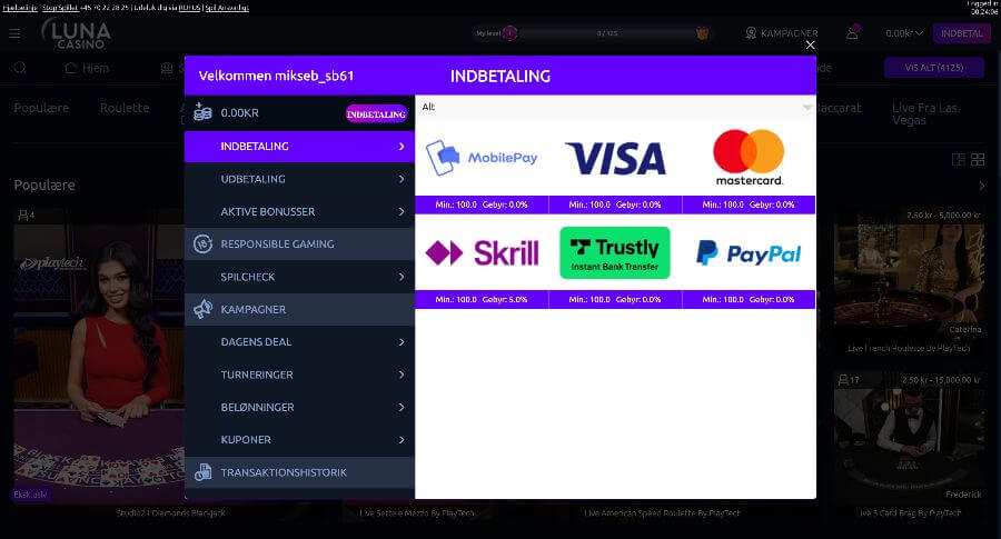 Luna Casino betalingsmetoder