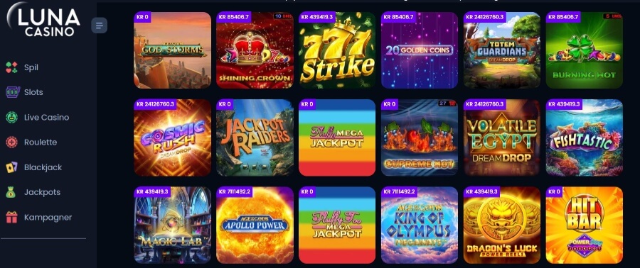 Jackpot spil hos Luna Casino screenshot