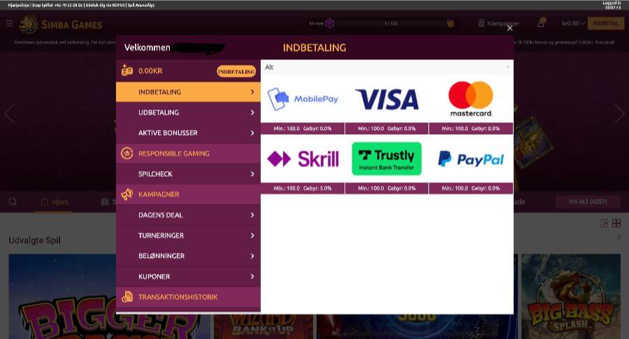 Simba Games betalingsmetoder