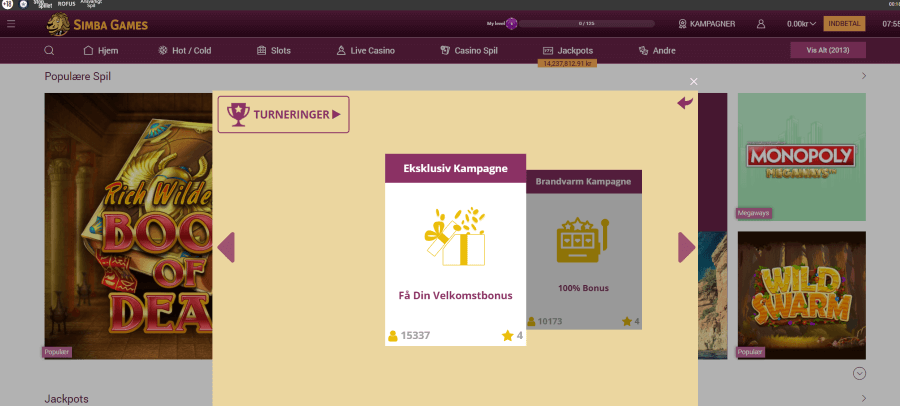 Siden med bonusser og kampagner hos Simba Games
