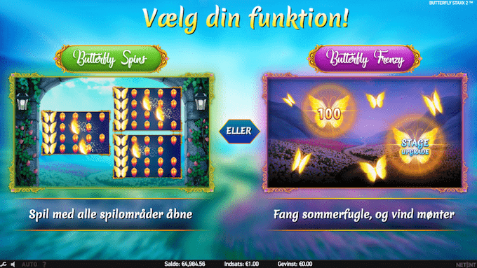 Vælg mellem free spins og pick n' click-bonusrunde i Butterfly Staxx 2 spillemaskinen