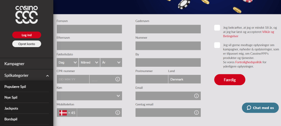 Siden hos Casino999, hvor man skal indtaste oplysninger ved oprettelse af konto.