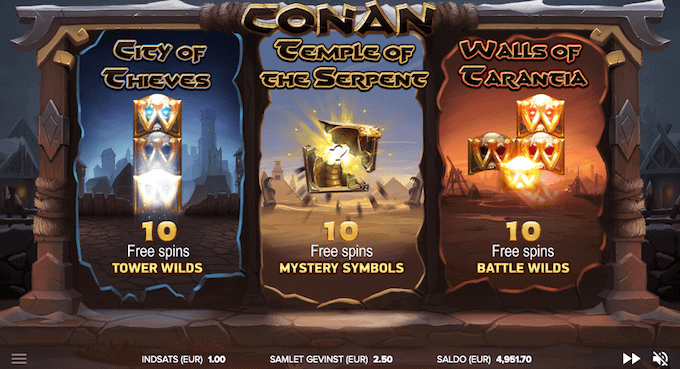 Vælg imellem tre forskellige bonusrunder med free spins i Conan