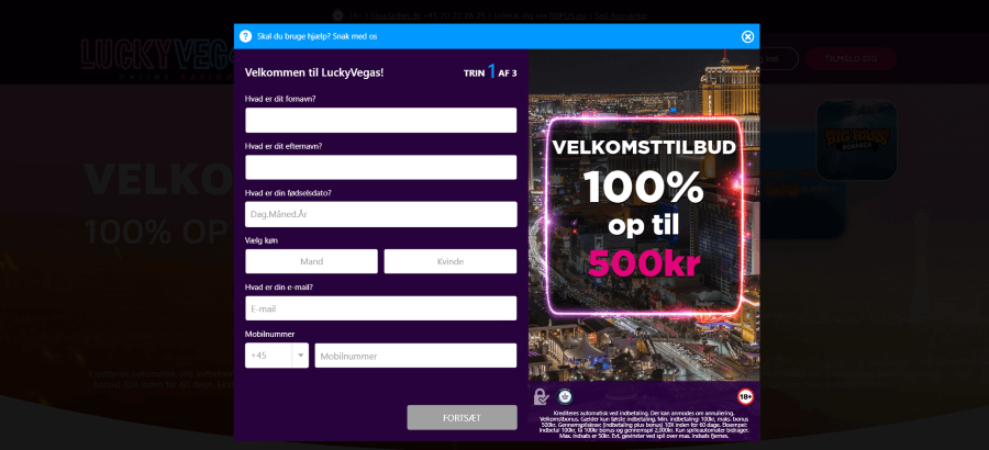 Trin 1 i oprettelse af konto hos LuckyVegas