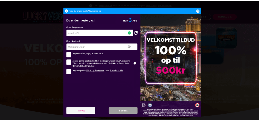 Trin 3 i oprettelse af konto hos LuckyVegas.