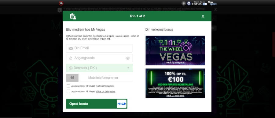 Oprettelse af konto hos Mr Vegas