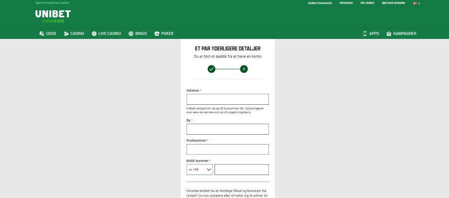 Trin 2 i oprettelse af konto hos Unibet