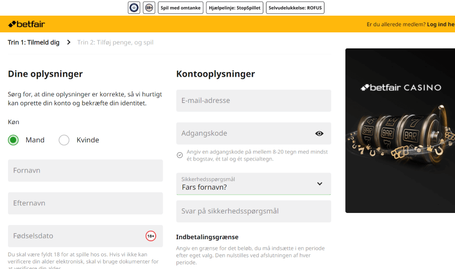 Registrering af konto hos Betfair