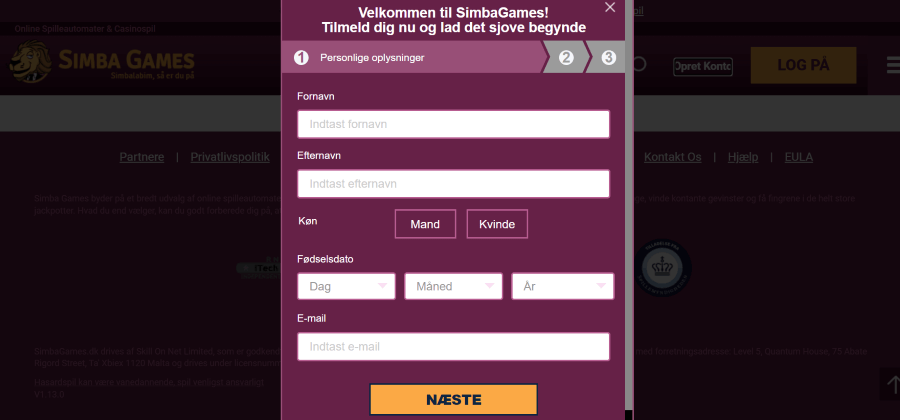 Trin 1 i Simba Games' registreringsproces