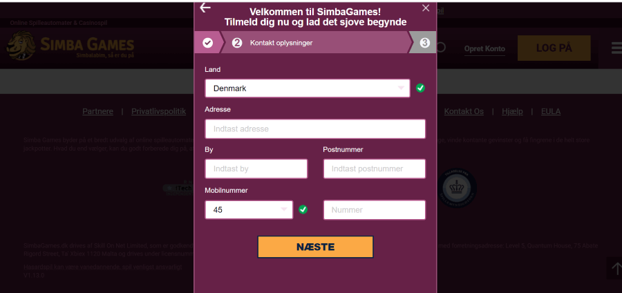 Trin 2 i Simba Games' registreringsproces