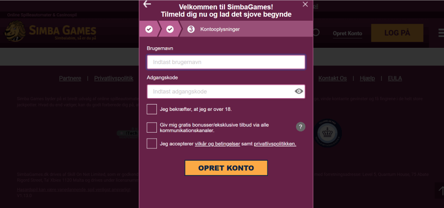 Trin 3 i Simba Games' registreringsproces