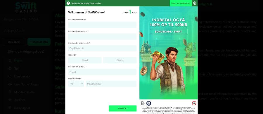 swift casino-registrering trin 1