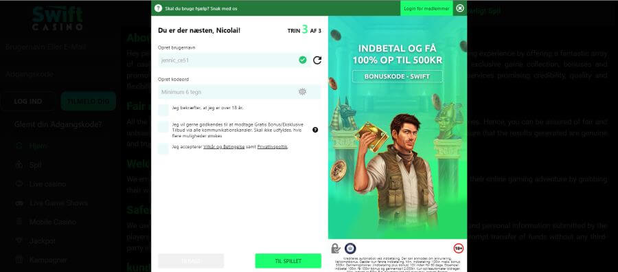 swift casino registrering trin 3
