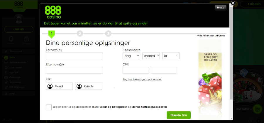 Trin 1 til at oprette konto hos 888 Casino