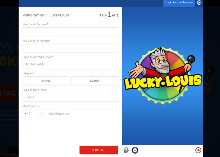 Trin 1 i oprettelsesprocessen hos LuckyLouis