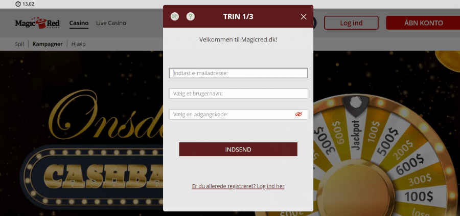 Trin 1 i registreringsprocessen hos Magicred.dk