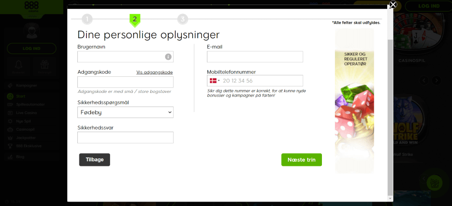 Trin 2 til at oprette konto hos 888 Casino