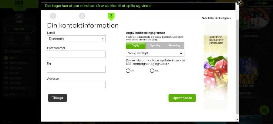 Trin 3 til at oprette konto hos 888