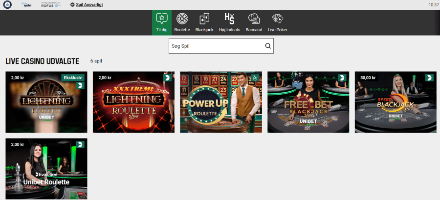 Udvalgte spil på Unibets live casino