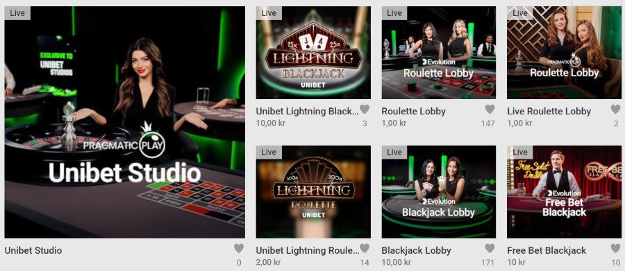 Unibet har et stort live casino