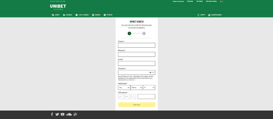 Trin 1 i oprettelse af konto hos Unibet
